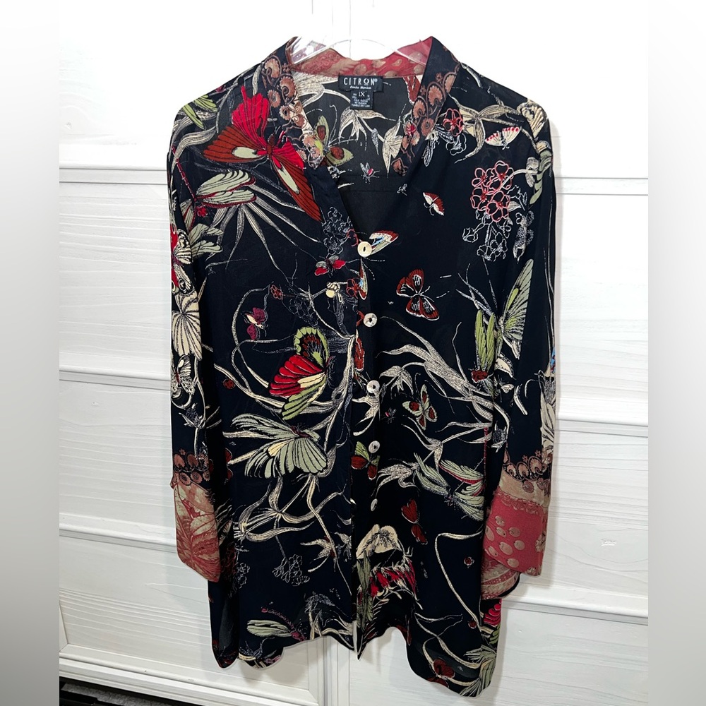 Citron 100% Silk Black Floral Button Down Blouse Sz 1X - Picture 12 of 15